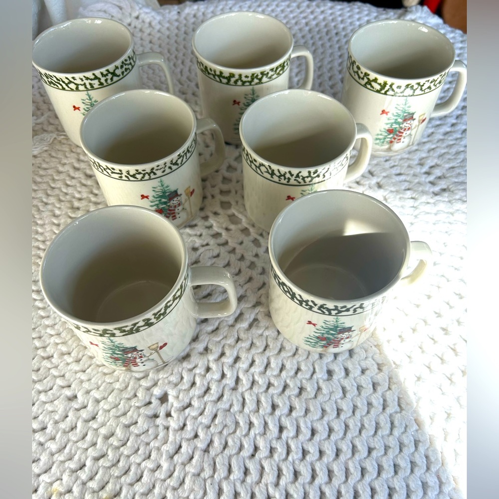 Set of 7, Retired, “We Can Build A Snowman” Coffee/Hot Chocolate Stoneware Mugs